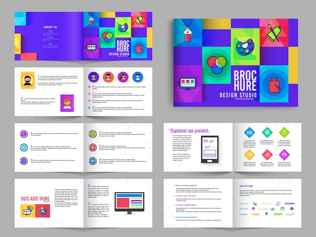 Free vector multipage brochure, leaflet design pack with in purple color for art studio