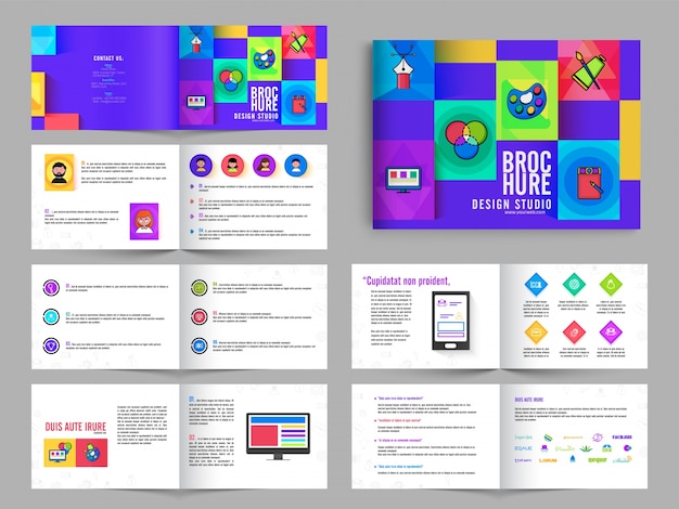  Multipage Brochure, Leaflet Design Pack with in Purple Color for Art Studio