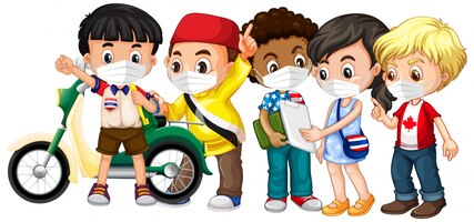 Free vector multiple cultures kids wearing mask