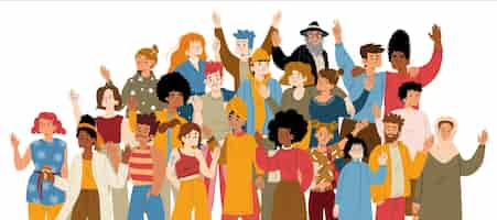 Free vector multiracial group of happy people waving hand