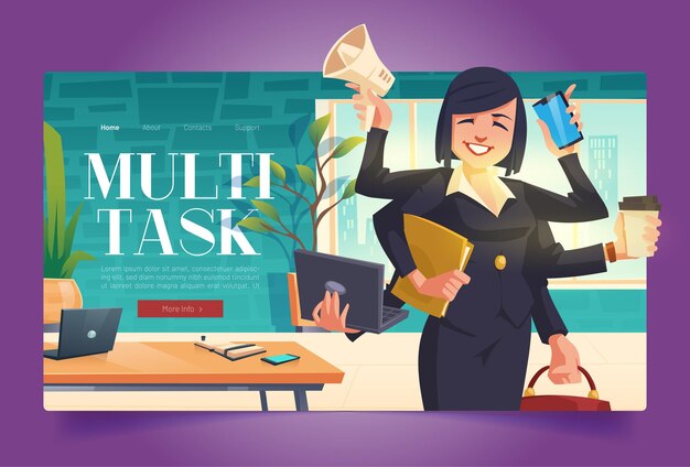 Multitask banner with businesswoman with many arms