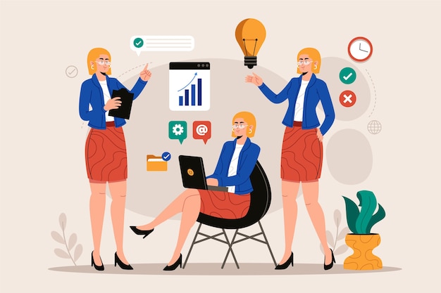 Multitask business woman flat design illustration