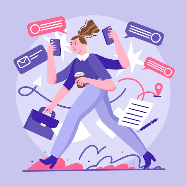 Multitask business woman flat-hand drawn