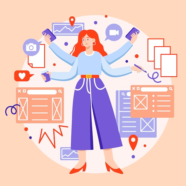 Multitask business woman flat illustration