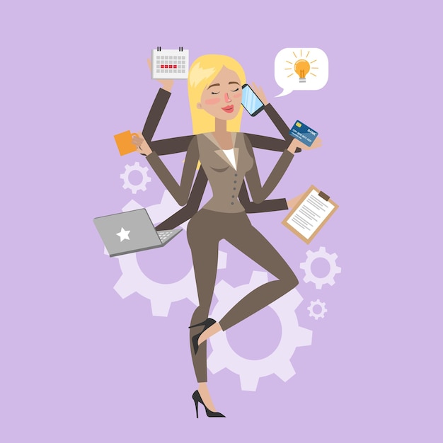 Free vector multitasking business woman with six hands in balance