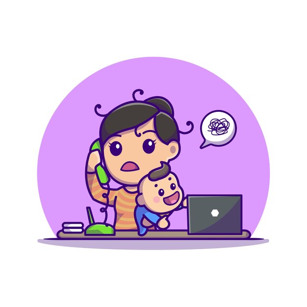 Multitasking Mother With Active Baby Cartoon Icon Illustration. People Business Icon Concept Isolated  . Flat Cartoon Style