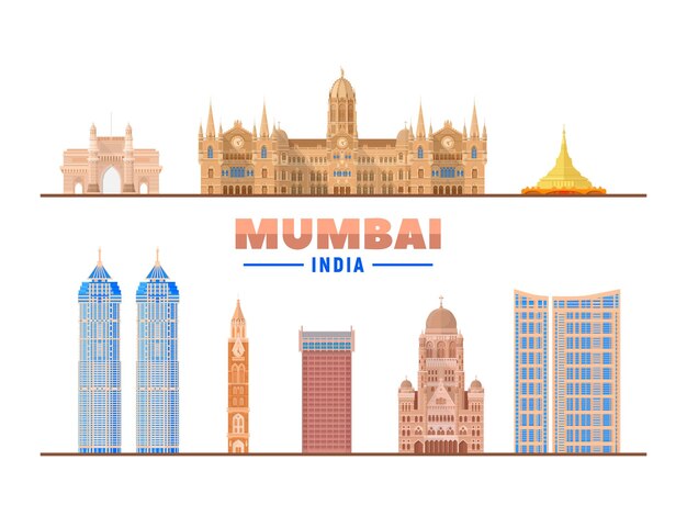 Mumbai landmarks on a white backgroundIsolated objects Flat vector illustration Business travel and tourism concept with modern buildings Image for banner or web site