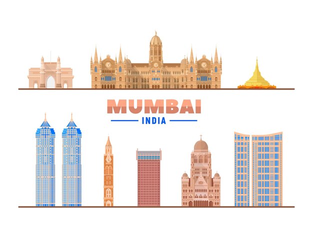 Достопримечательности Мумбаи на белом фонеИзолированные объекты Плоская векторная иллюстрация Концепция деловых поездок и туризма с современными зданиями Изображение для баннера или веб-сайта