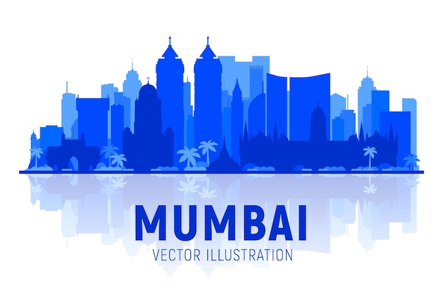 無料ベクター 白い背景の上のムンバイのスカイラインのシルエットフラットベクトルイラストモダンな建物とビジネス旅行や観光のコンセプトバナーやウェブサイトの画像