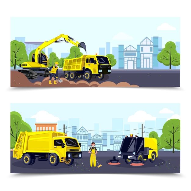 Free vector municipal service horizontal flat banners set with city cleaning transport and workers isolated vector illustration