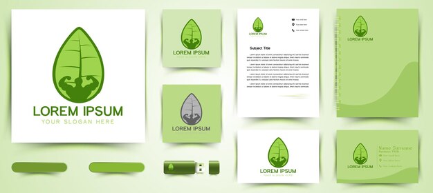 Muscle, green leaf, healthy food athlete logo designs inspiration isolated on white background