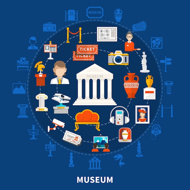 Sfondo blu del museo con icone di colore nel design rotondo tra cui manufatti storici archeologici paleontologici e oggetti d'arte piatti