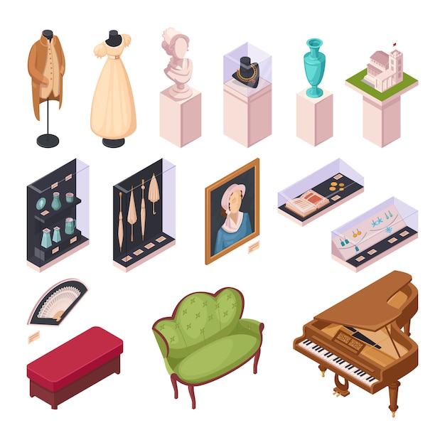 Free vector museum exhibition isometric icons set