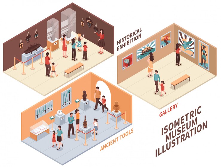 Free Vector museum isometric compositions set