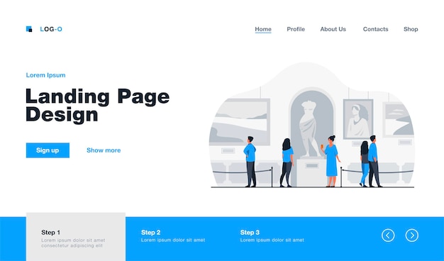 Посетители музея гуляют по целевой странице художественной галереи в плоском стиле
