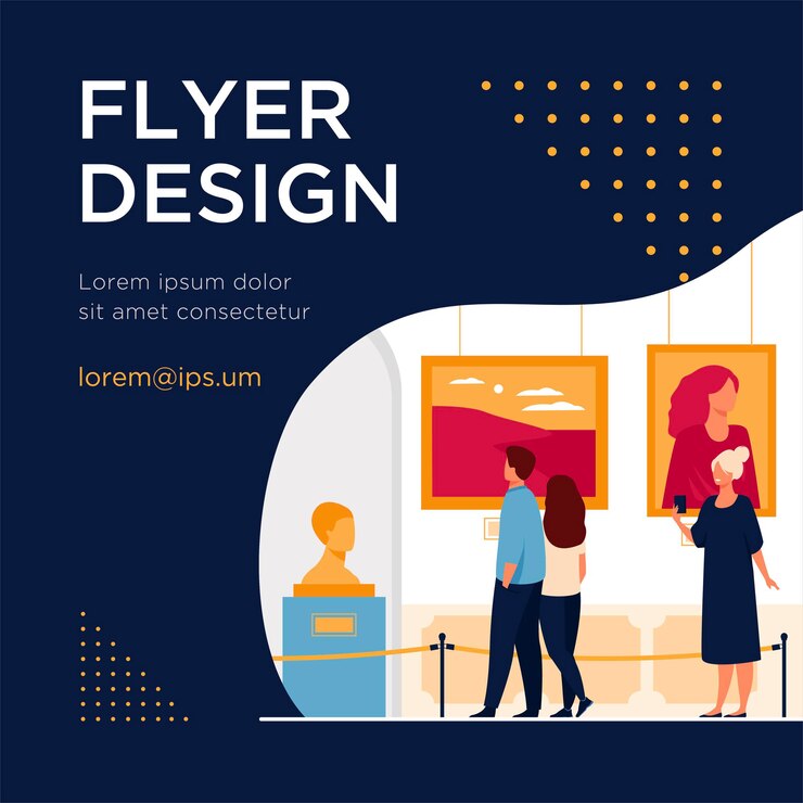 Free Vector museum visitors walking in art gallery. tourists enjoying exposition, admiring artworks at exhibition. flyer template