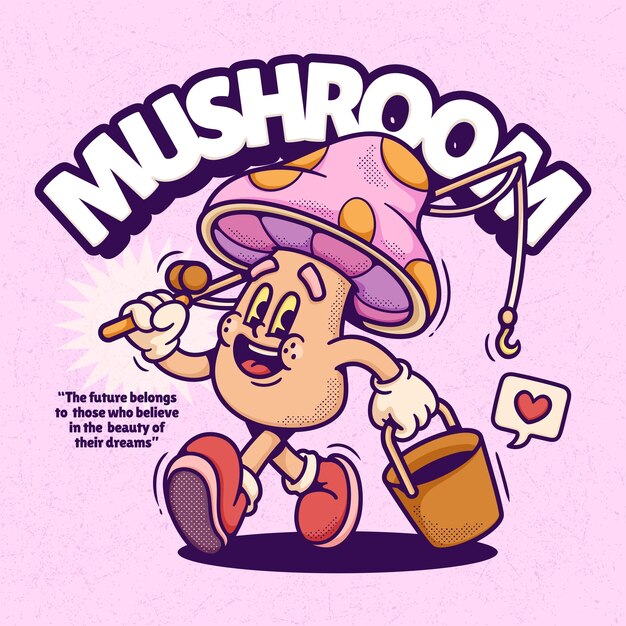 Mushroom Cute Trendy Retro Cartoon Vector Hand Drawn