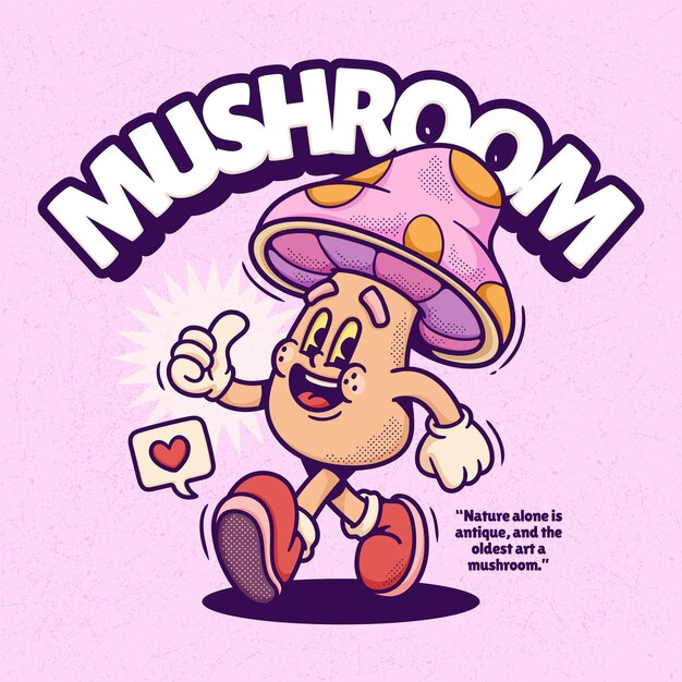 Mushroom Cute Trendy Retro Cartoon Vector Hand Drawn