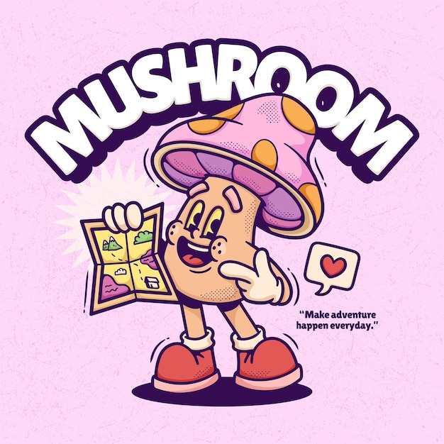 Mushroom Cute Trendy Retro Cartoon Vector Hand Drawn