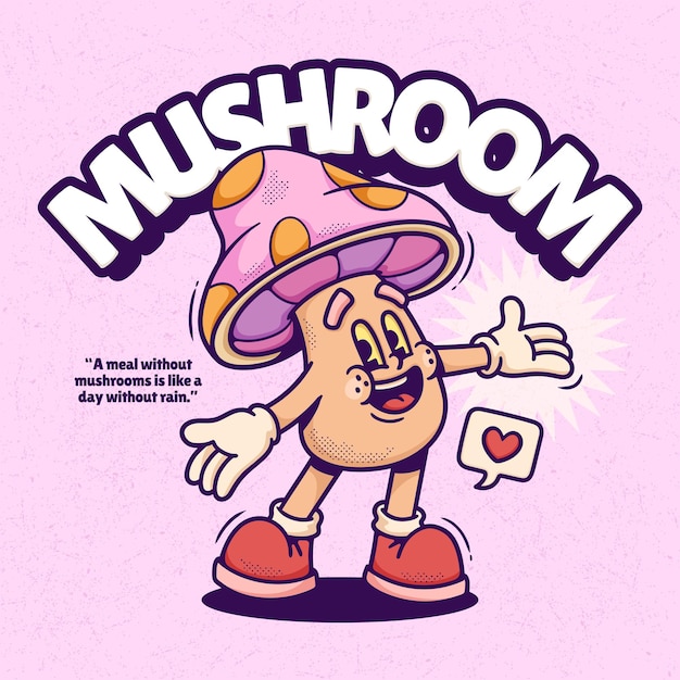 Free vector mushroom cute trendy retro cartoon vector hand drawn