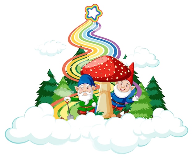 Free vector mushroom house on the cloud with rainbow