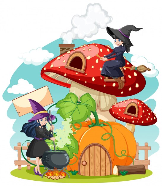 Mushroom house with witches cartoon style isolated on with background