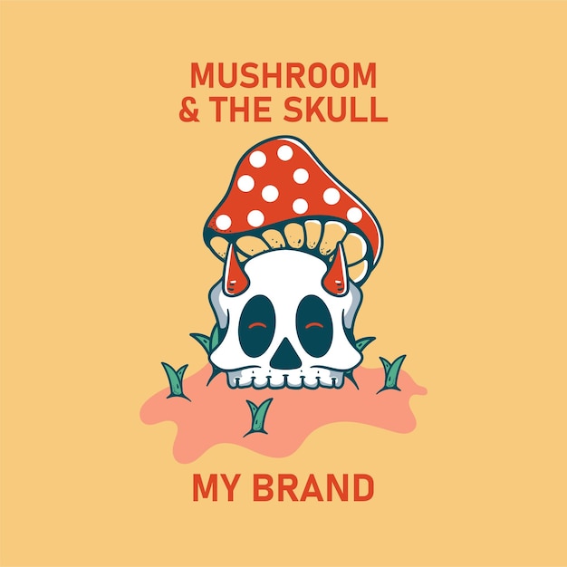 Mushroom illustration with skull classic vintage retro design for t shirts