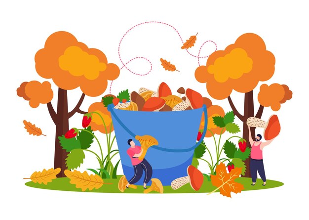 가을 수확 및 음식 기호 평면 그림과 버섯 개념
