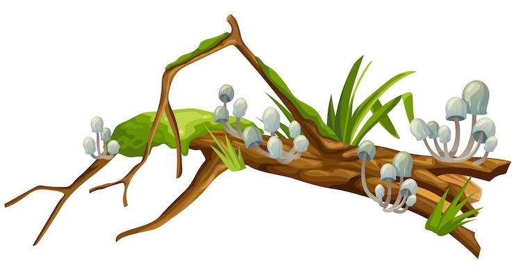 Free Vector mushrooms moss on logs cartoon stump in toadstools poisonous shrooms broken tree