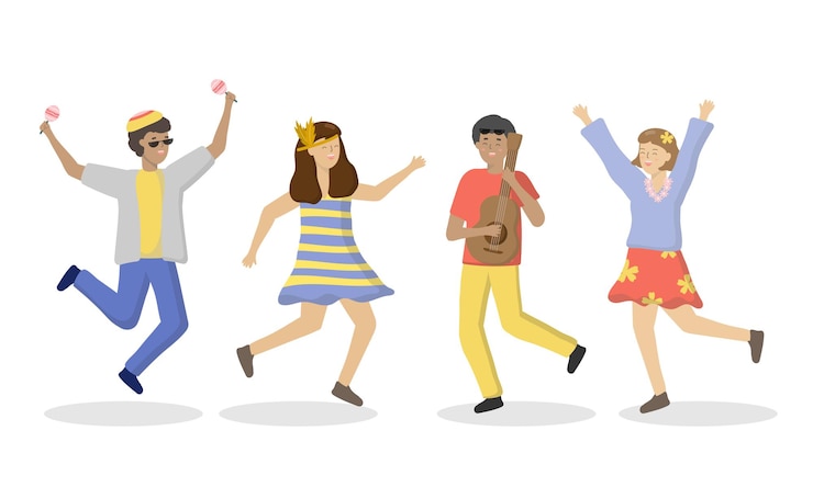 Free Vector music band play and singing music on stage in birthday party. male and female characters sing and play guitar. music, song, band, dance, party concept. cartoon  illustration in flat style