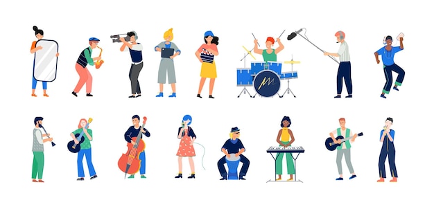 Free vector music band set with flat human characters of instrumental musicians singers and video shooting crew members vector illustration