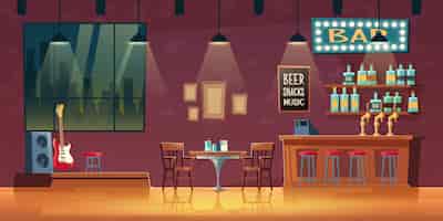 Free vector music bar, pub cartoon  empty interior with illuminated signboard