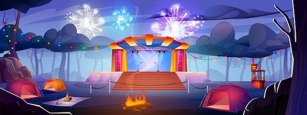 Music concert stage with camp tent in night park vector illustration Outdoor public festival event with neon light and salute Fireworks entertainment in forest for musician dance fest with scene