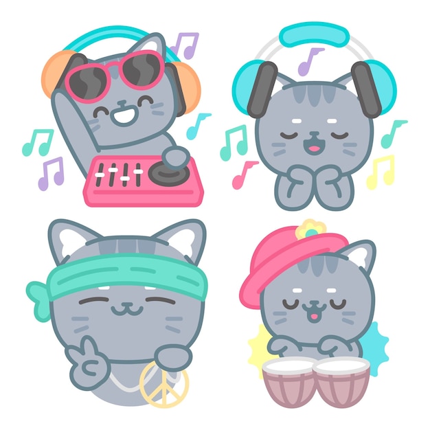 Free vector music and dance stickers collection with tomomi the cat