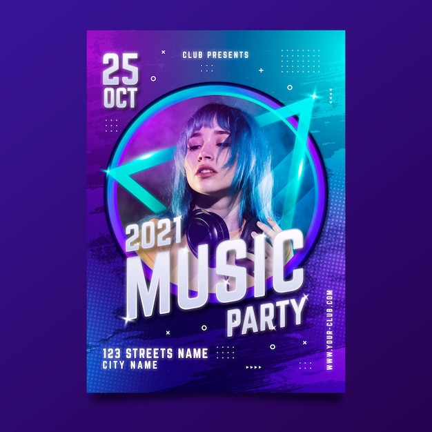 Free vector music event poster with photo for 2021