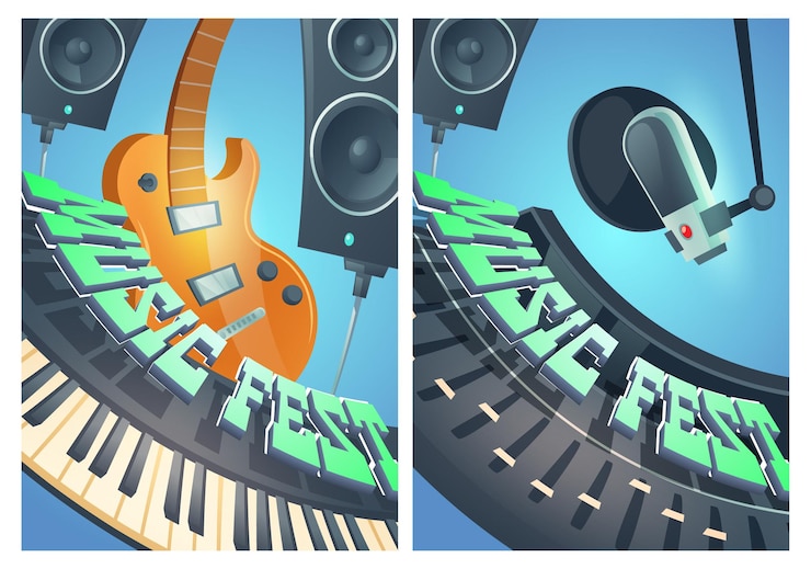 Free Vector music fest cartoon posters with electric guitar