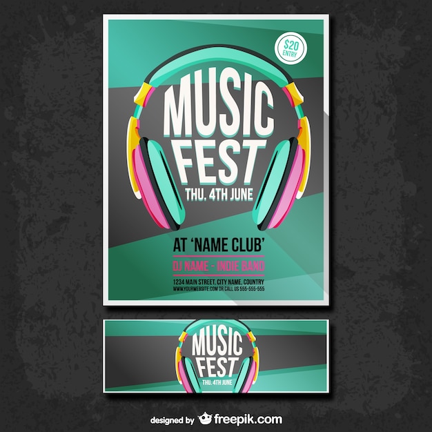 Free vector music fest poster and banner set