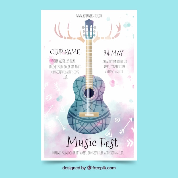 Free vector music fest poster with guitar