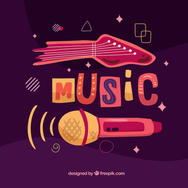 Music festival background with guitar and microphone