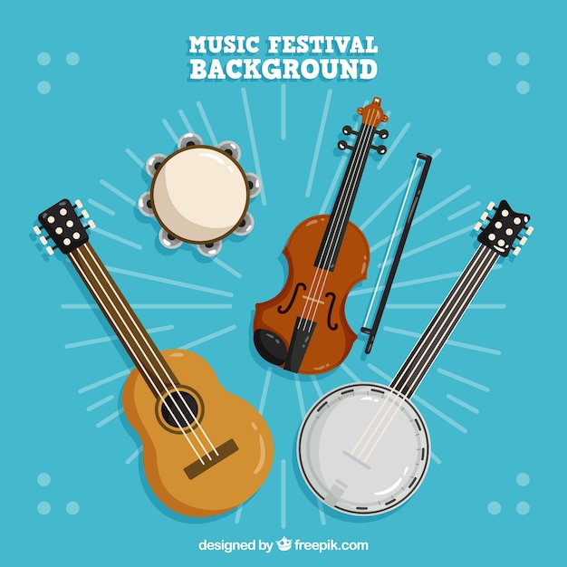 Free vector music festival background with instruments in flat style