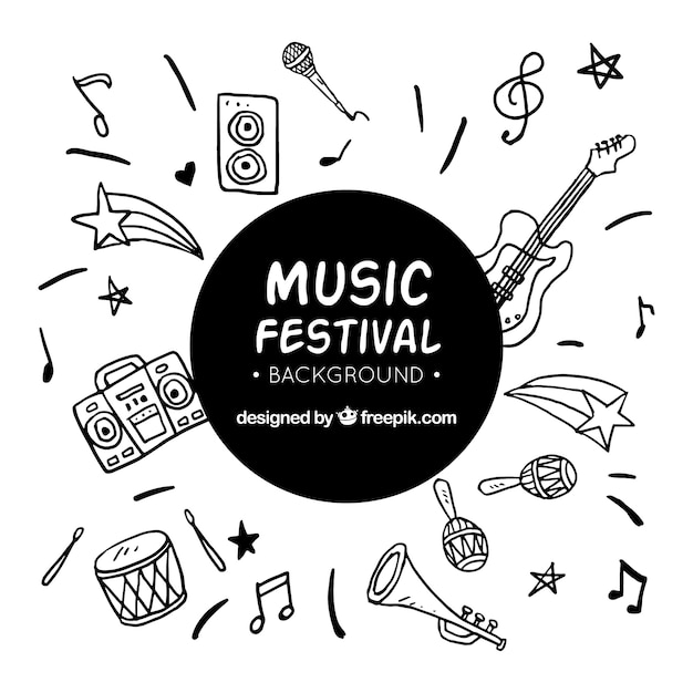 Music festival background with instruments in hand drawn style