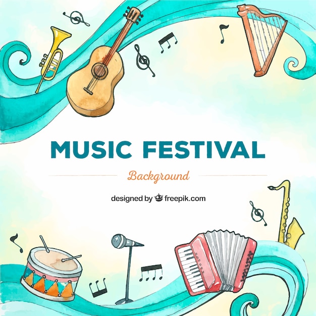 Free vector music festival background with instruments in hand drawn style