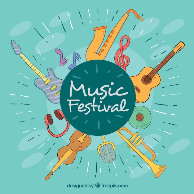 Music festival background with instruments in hand drawn style