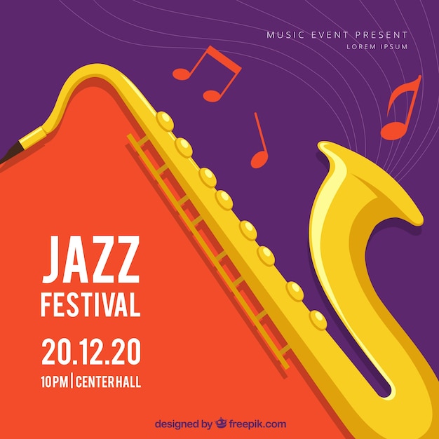 Music festival background with saxophone in flat style