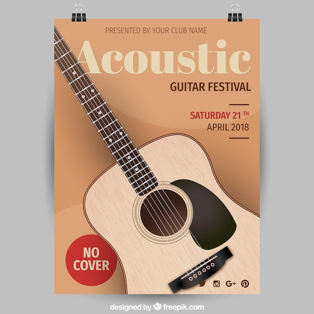 Music festival flyer with guitar in realistic style