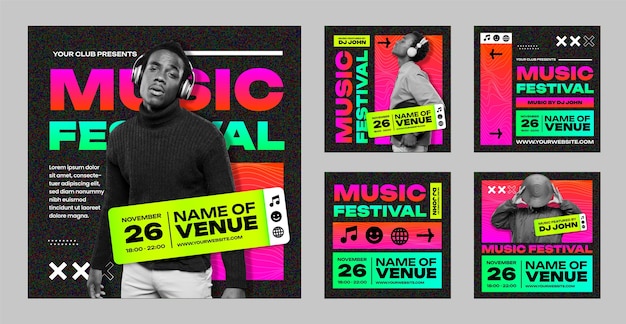 Free vector music festival  instagram  posts template design