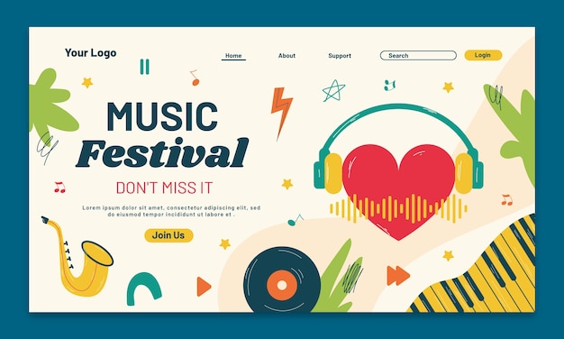 Vettore gratuito modello di pagina di destinazione del festival musicale