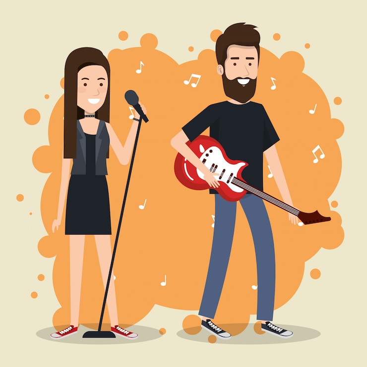 Free Vector music festival live with couple playing electric guitar and sing