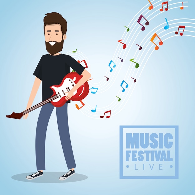 Music festival live with man playing electric guitar