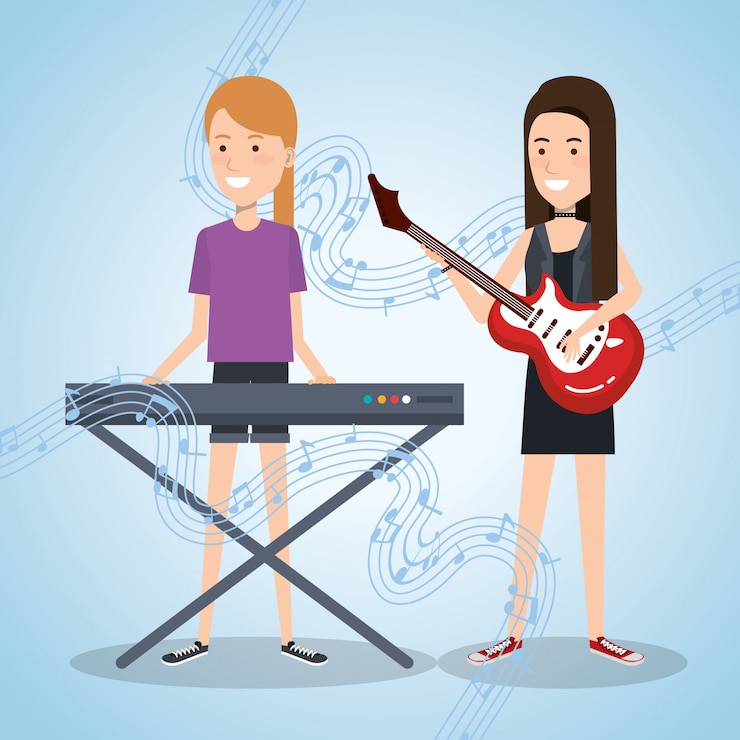 Free Vector music festival live with women playing piano and guitar